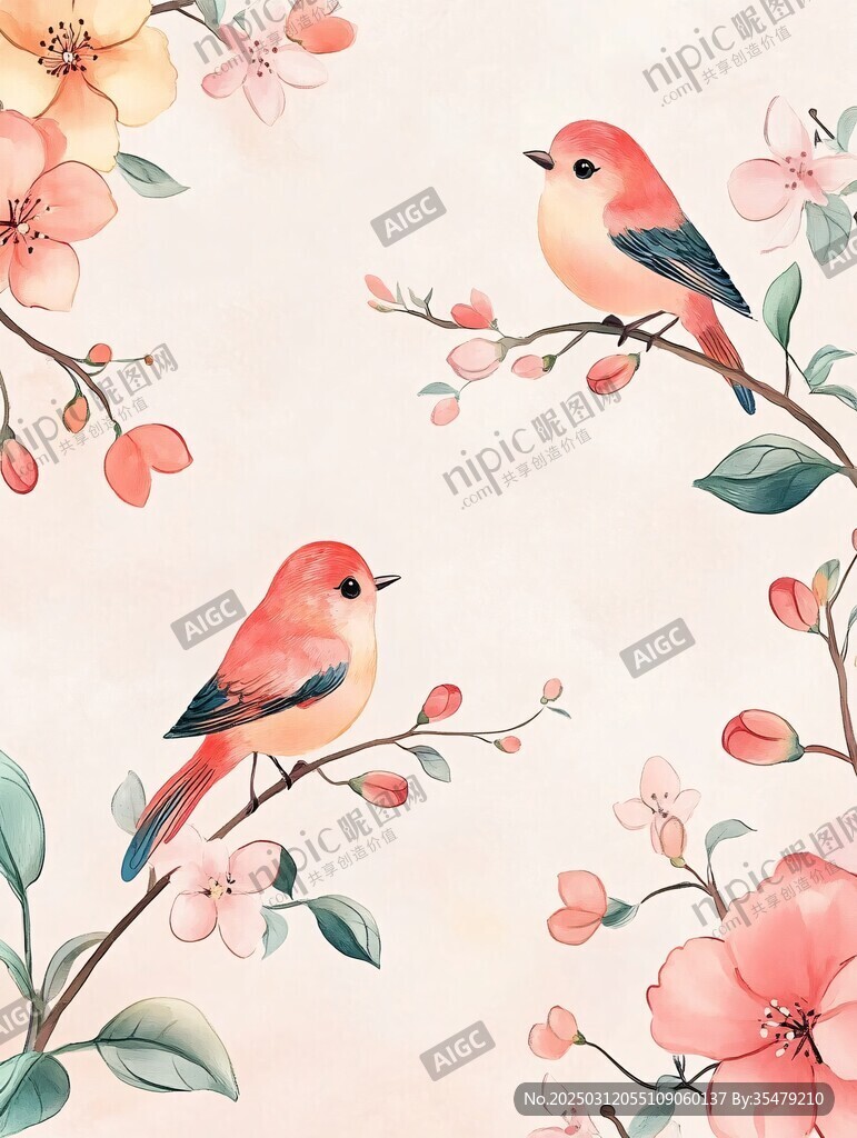 春日里的小鳥和花朵