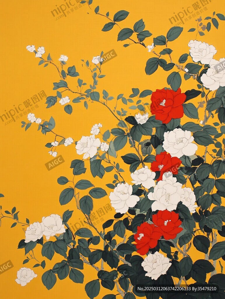 金色背景上的白紅花卉