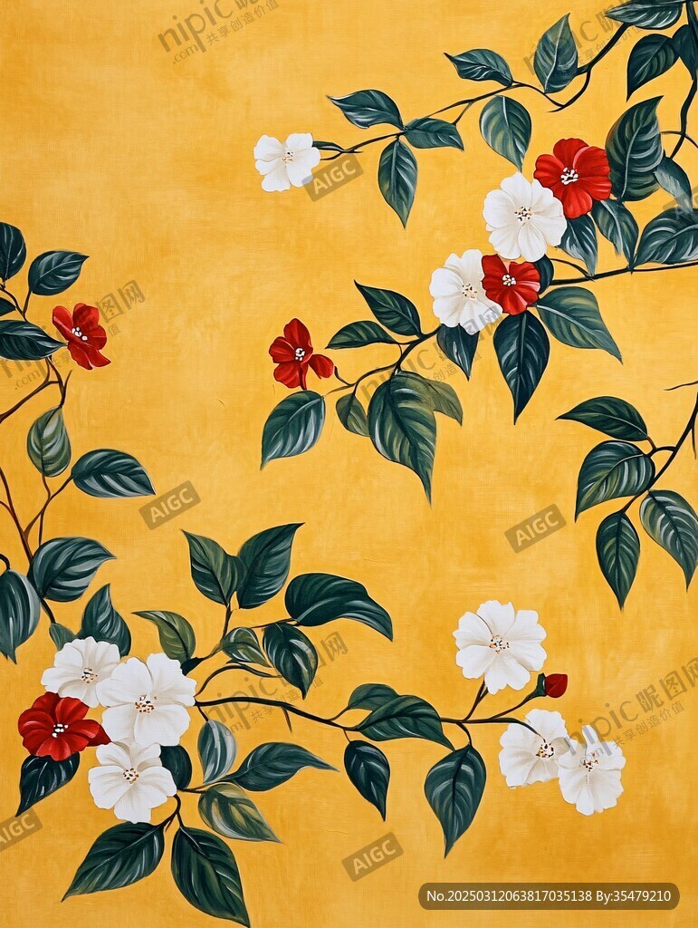 黃色背景上的紅白花朵