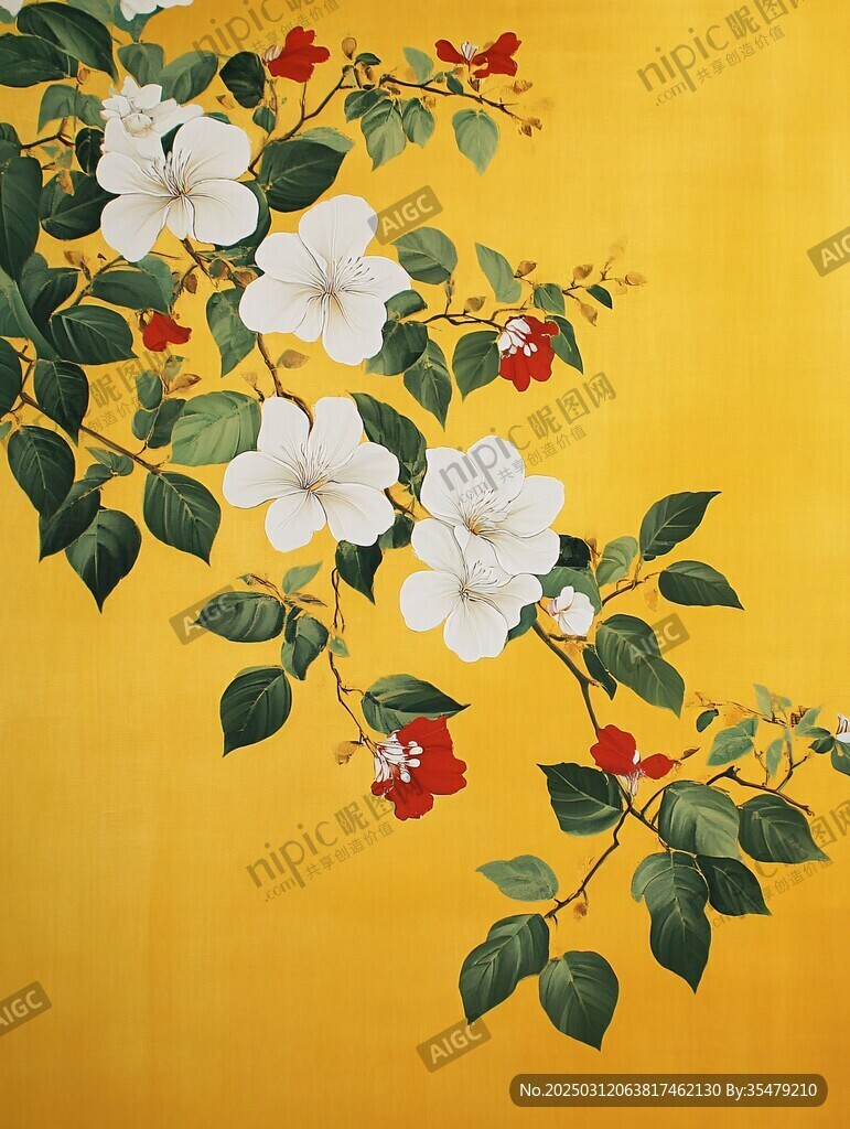 金黃背景上的白色花朵與紅色花苞