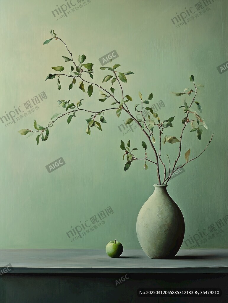 綠色花瓶中的植物與蘋果