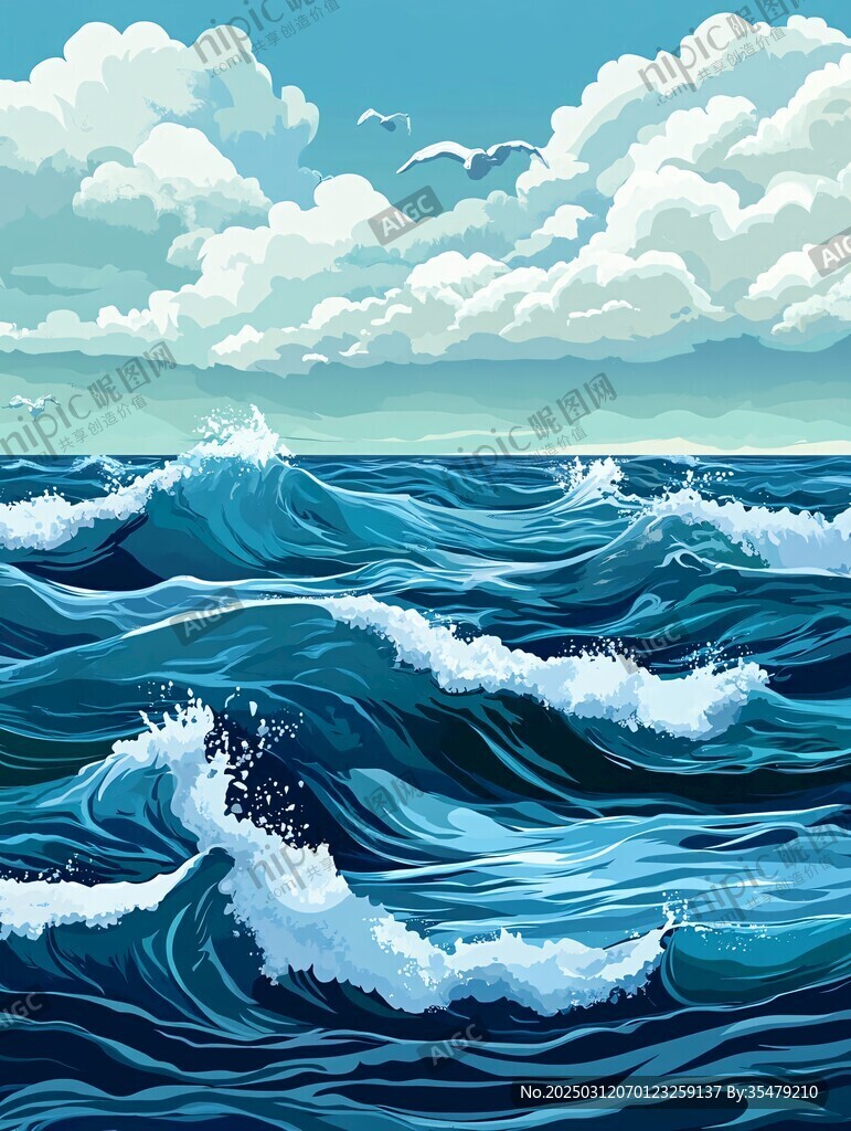 洶涌的海浪與飛翔的海鷗