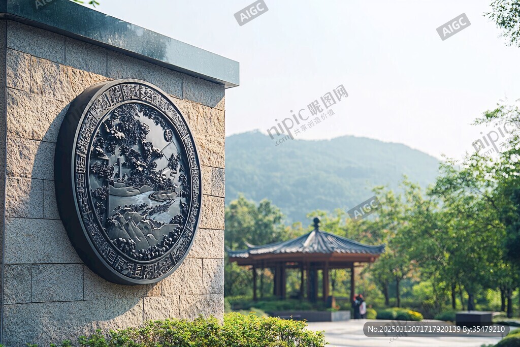 石雕藝術(shù)墻 中國風(fēng)涼亭 綠色山景