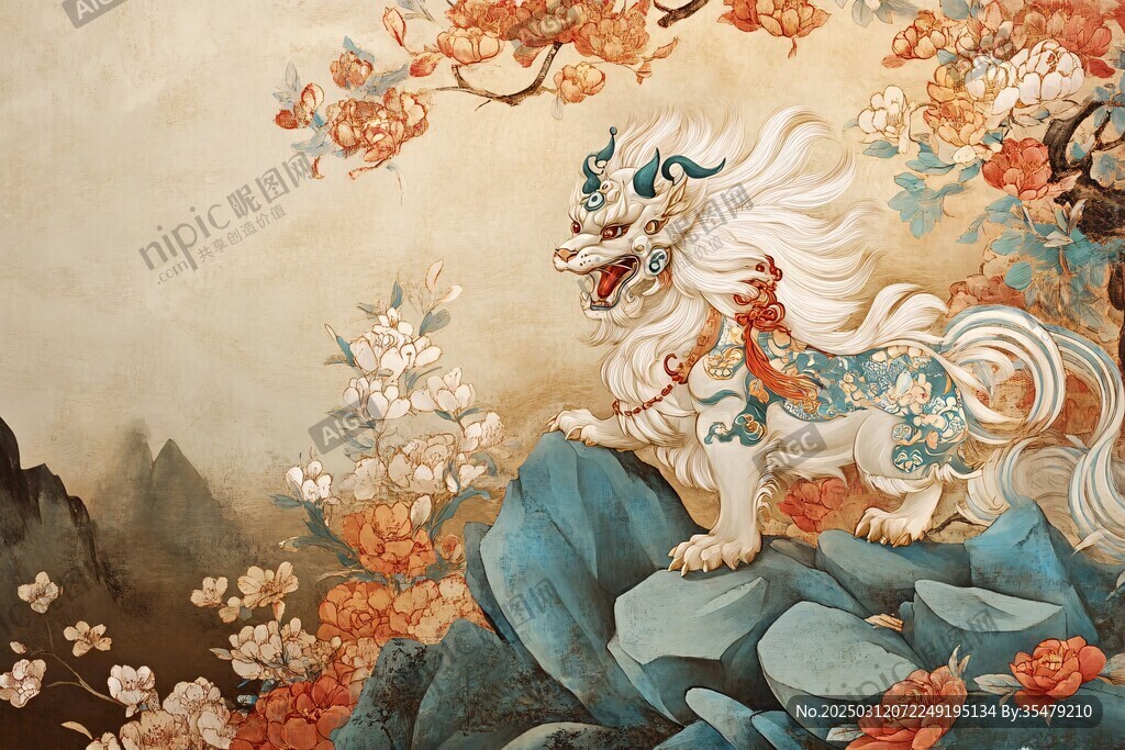 神話中的白獅 守護(hù)著山巒和花朵