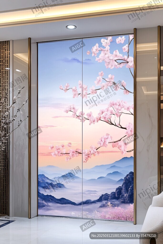 櫻花山景壁畫