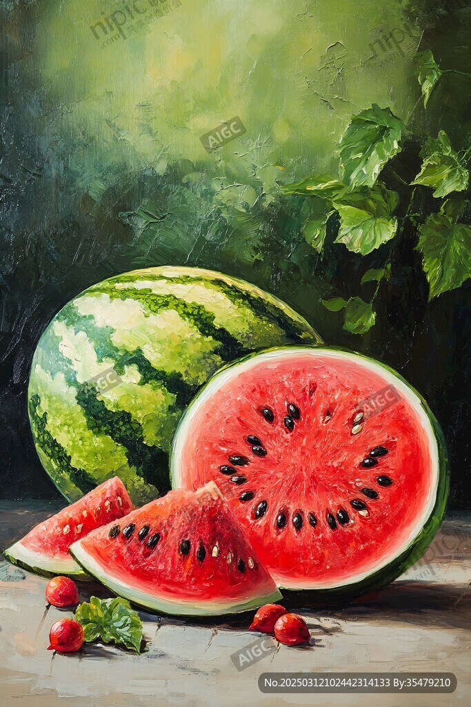 西瓜與蔬菜的油畫靜物