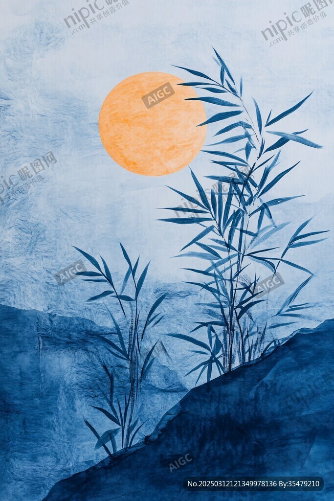 山水畫中的竹子和太陽(yáng)