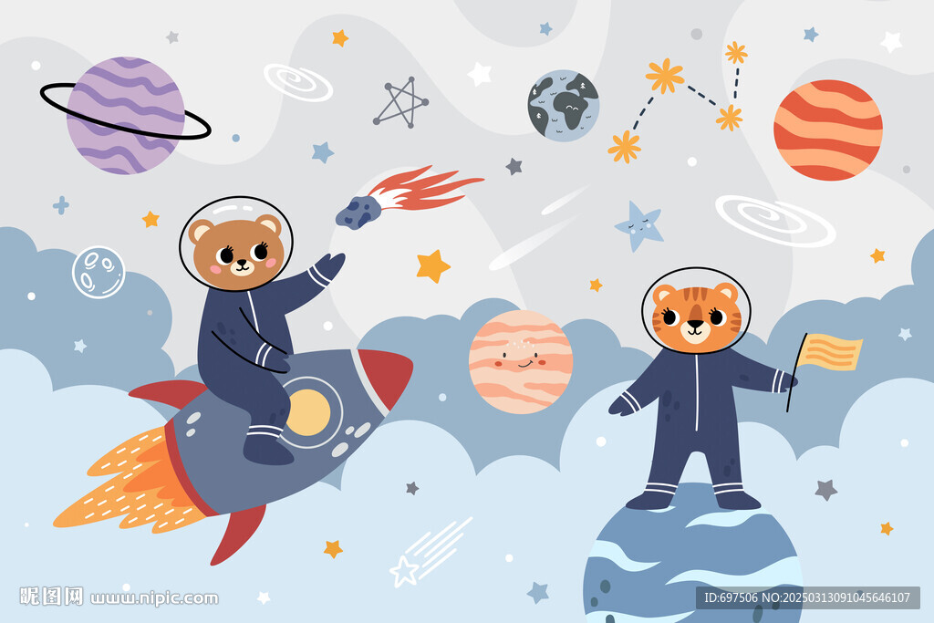可愛動物宇航員卡通太空星球背景
