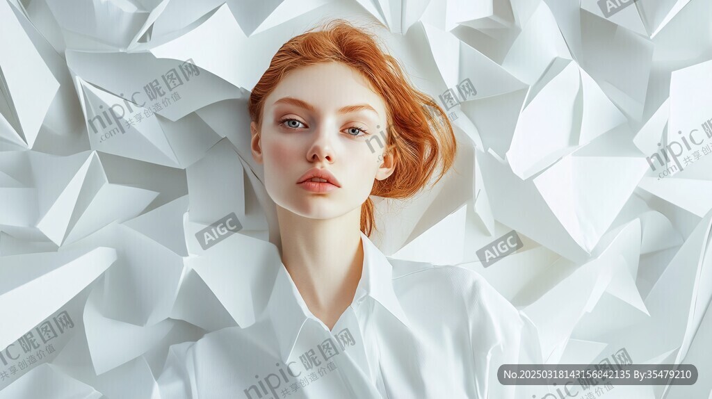 紅發(fā)女子 白色襯衫 紙張背景