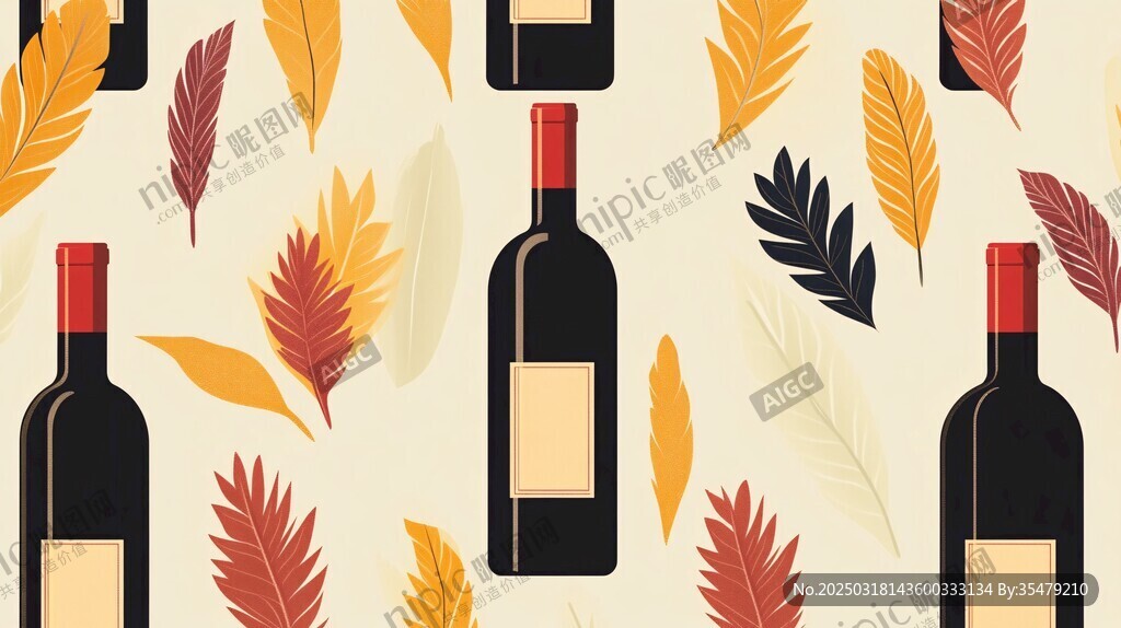 秋日葡萄酒瓶與落葉圖案