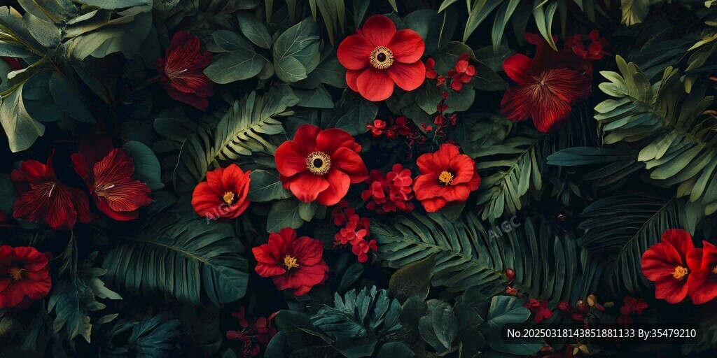 紅色花卉與綠葉的密集生長(zhǎng)