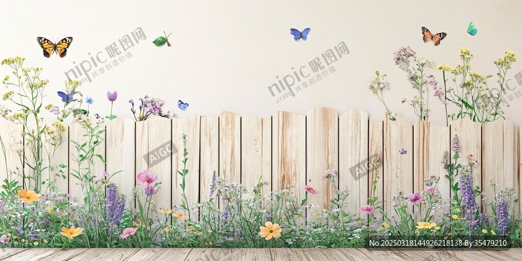 花園里的木柵欄和五彩繽紛的花朵