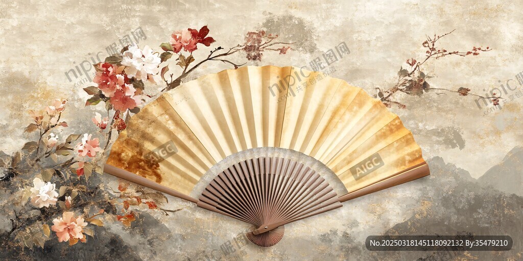 古風(fēng)扇面花卉壁畫