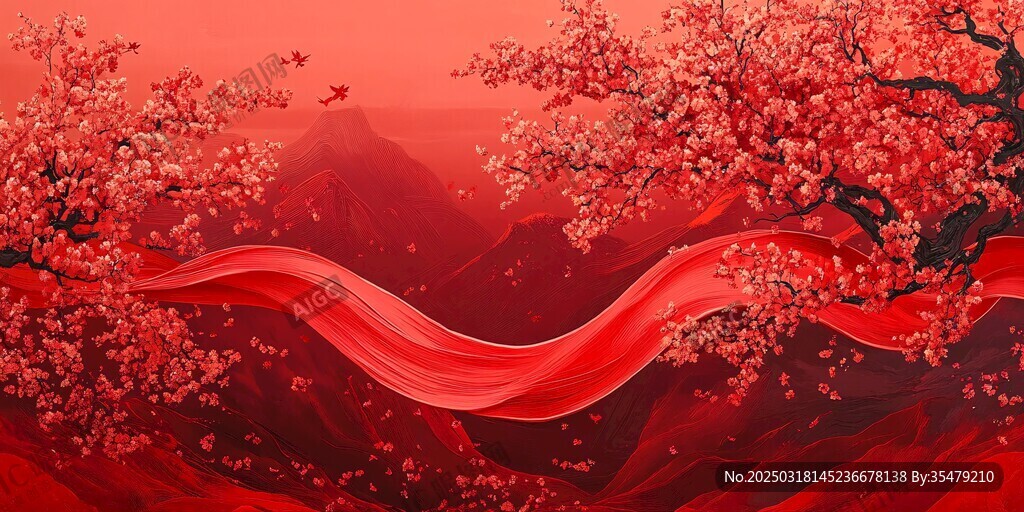 紅色山脈與桃花的抽象畫(huà)