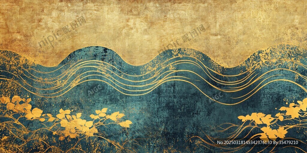 金色波浪與藍色花卉的抽象互動