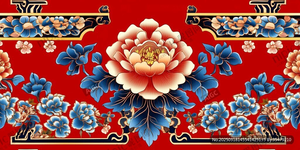 紅色背景上的藍色和粉色花朵