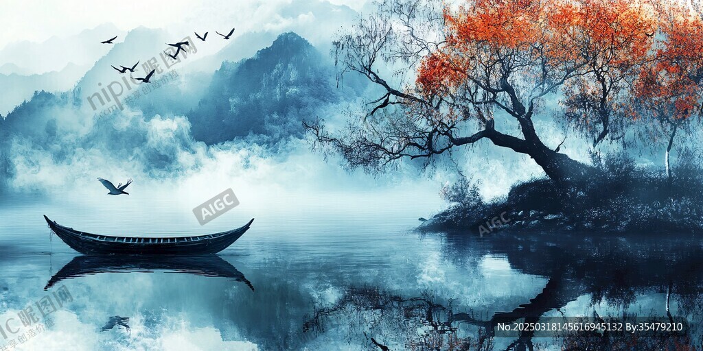 秋意濃 霧氣蒙蒙 鳥(niǎo)群飛翔 小船靜臥湖面