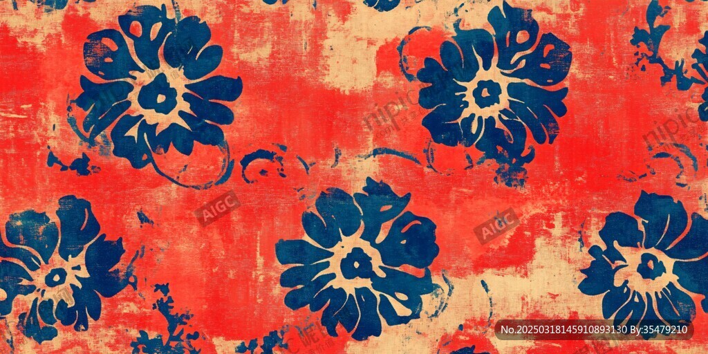 橙色背景上的藍(lán)色花卉圖案