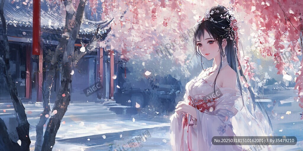 桃花映照下的古典美人