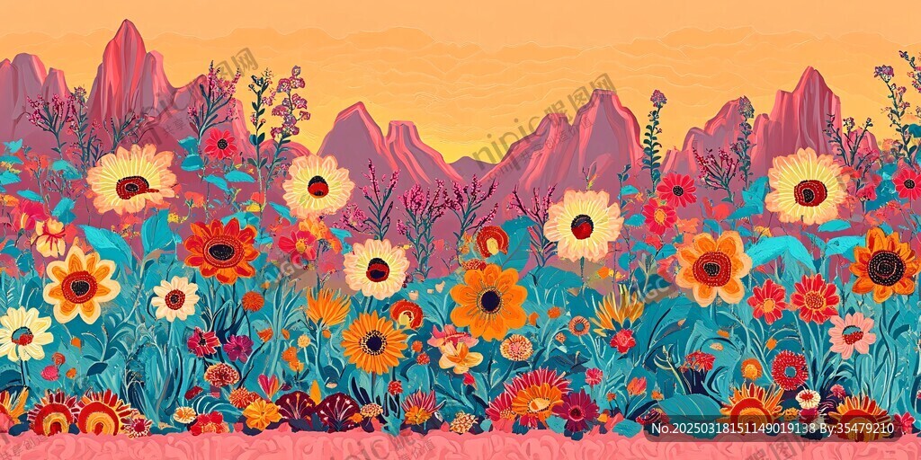 夕陽下的花海山景