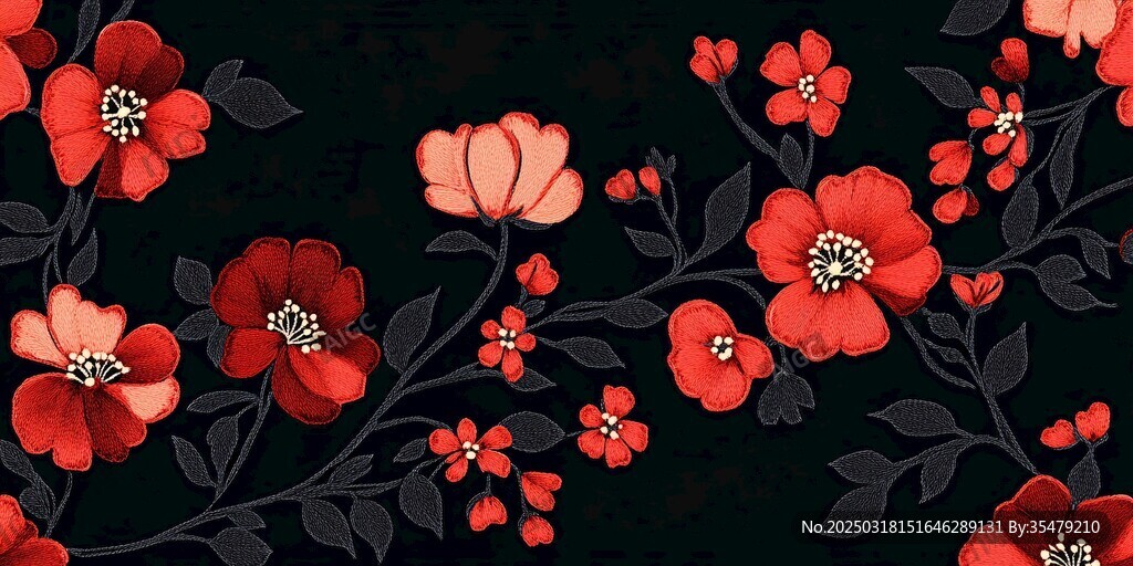 黑色背景紅色花卉圖案