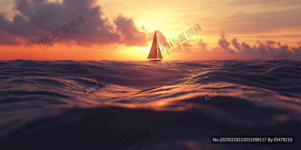 夕陽下的孤帆