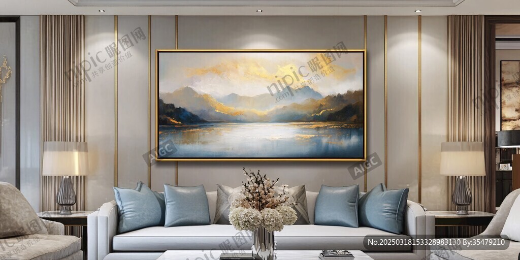 現(xiàn)代風(fēng)景油畫 金色山脈與湖泊