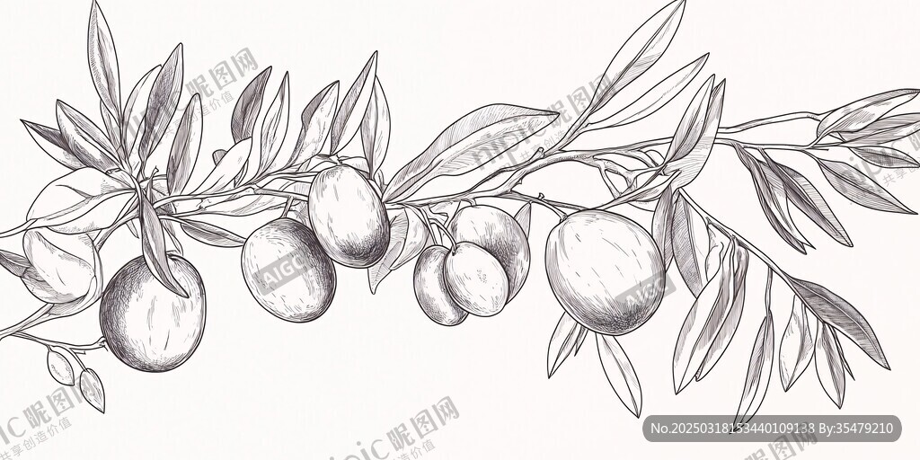 橄欖枝與果實(shí)的線描畫(huà)