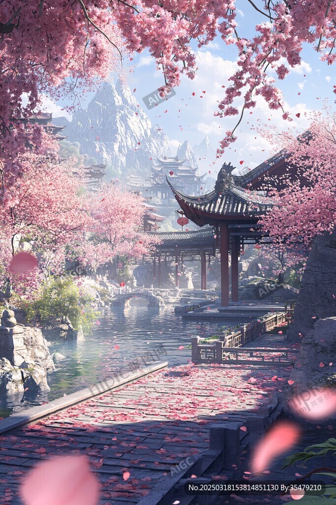 春日里 桃花飄落的古風(fēng)園林