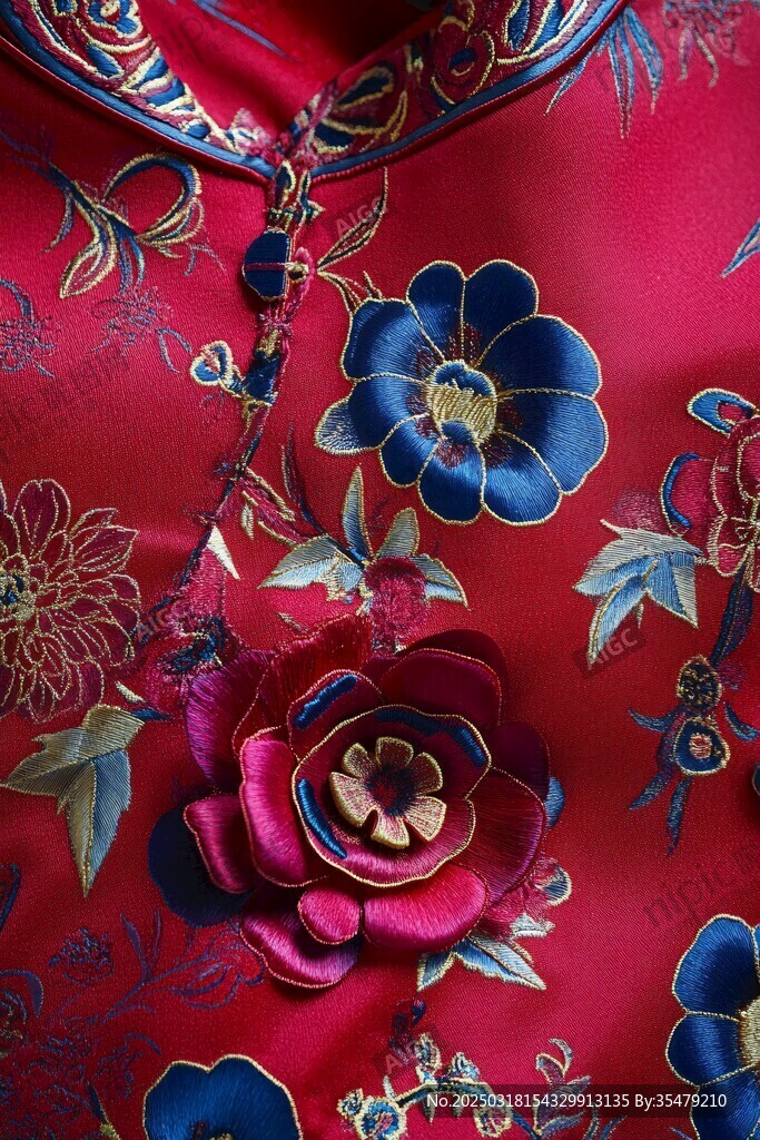 紅色綢緞上的藍(lán)色花卉圖案