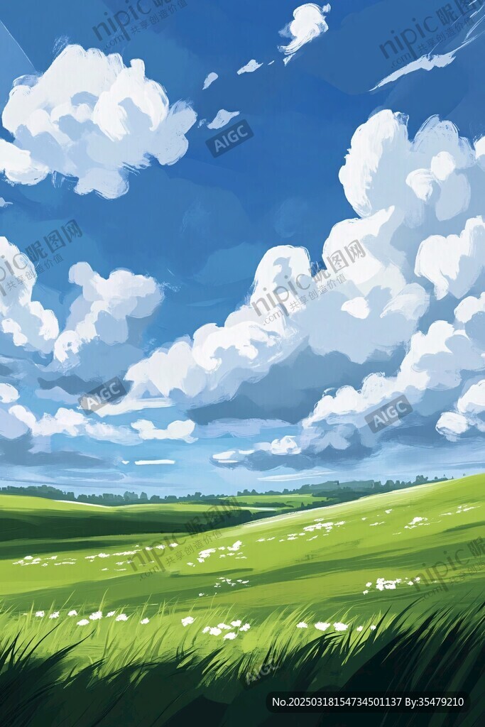 藍天白云下的綠色田野