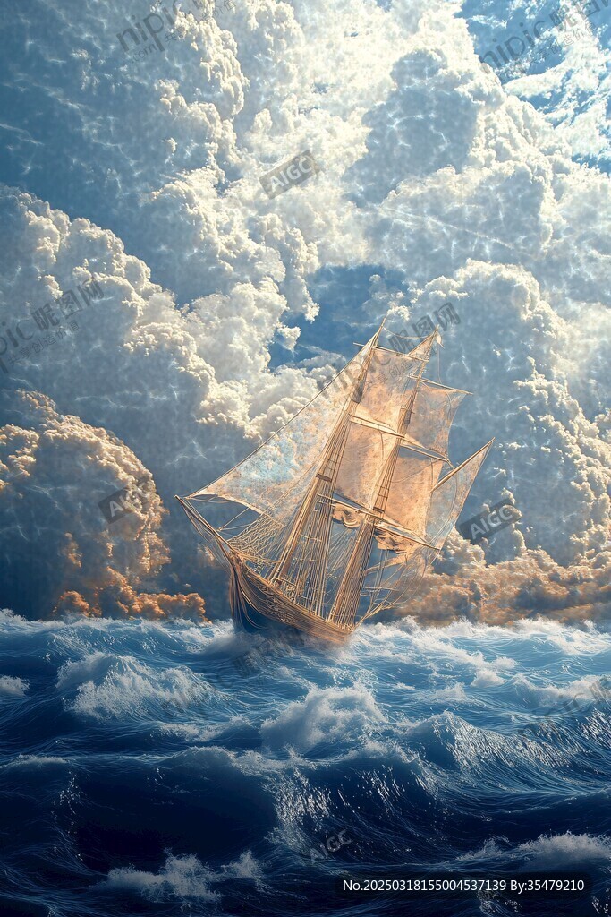 洶涌海浪中的古老帆船