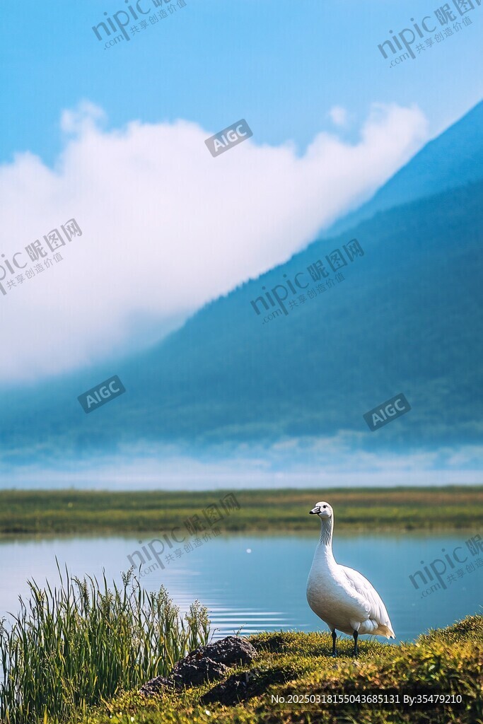湖畔白鵝 山巒云海