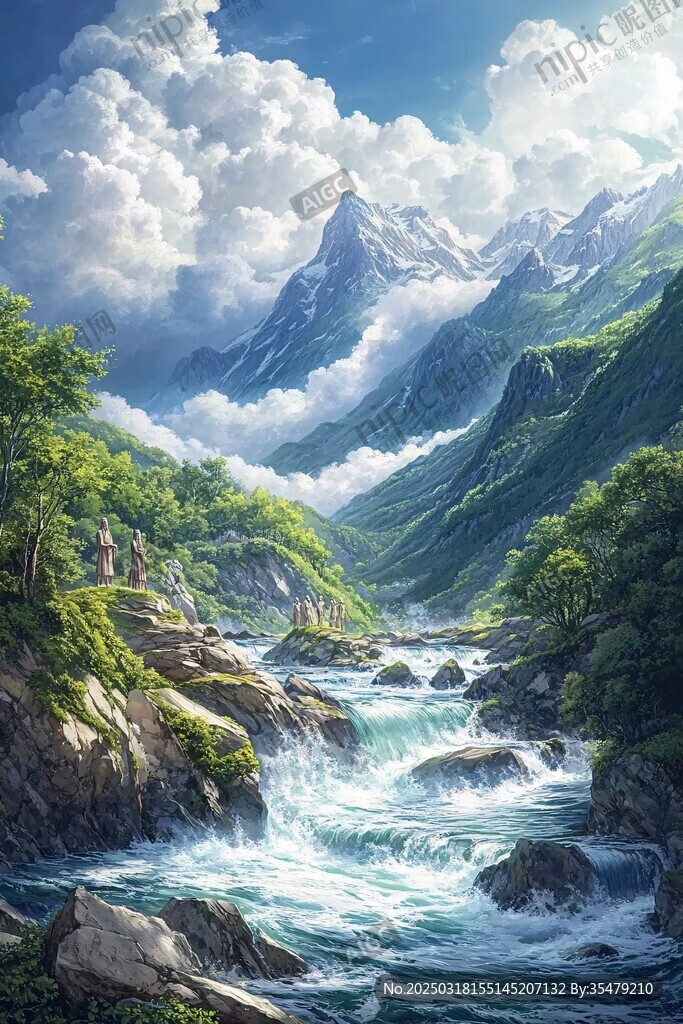 山谷中的激流與霧蒙蒙的山脈