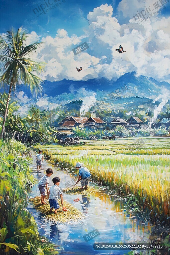 鄉村稻田勞作場景