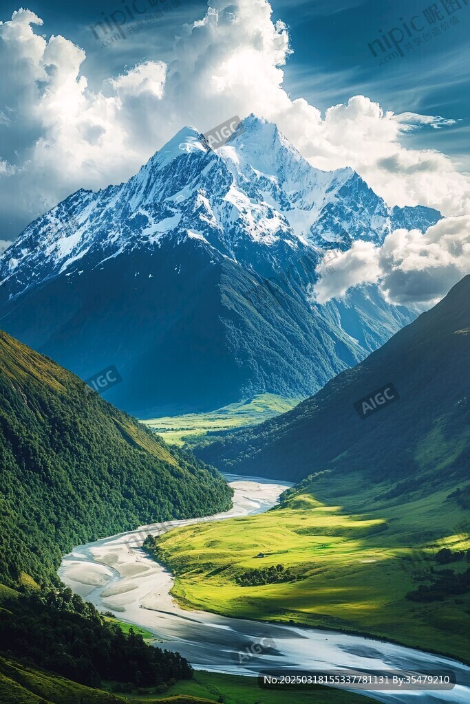 山谷中的河流與雪山