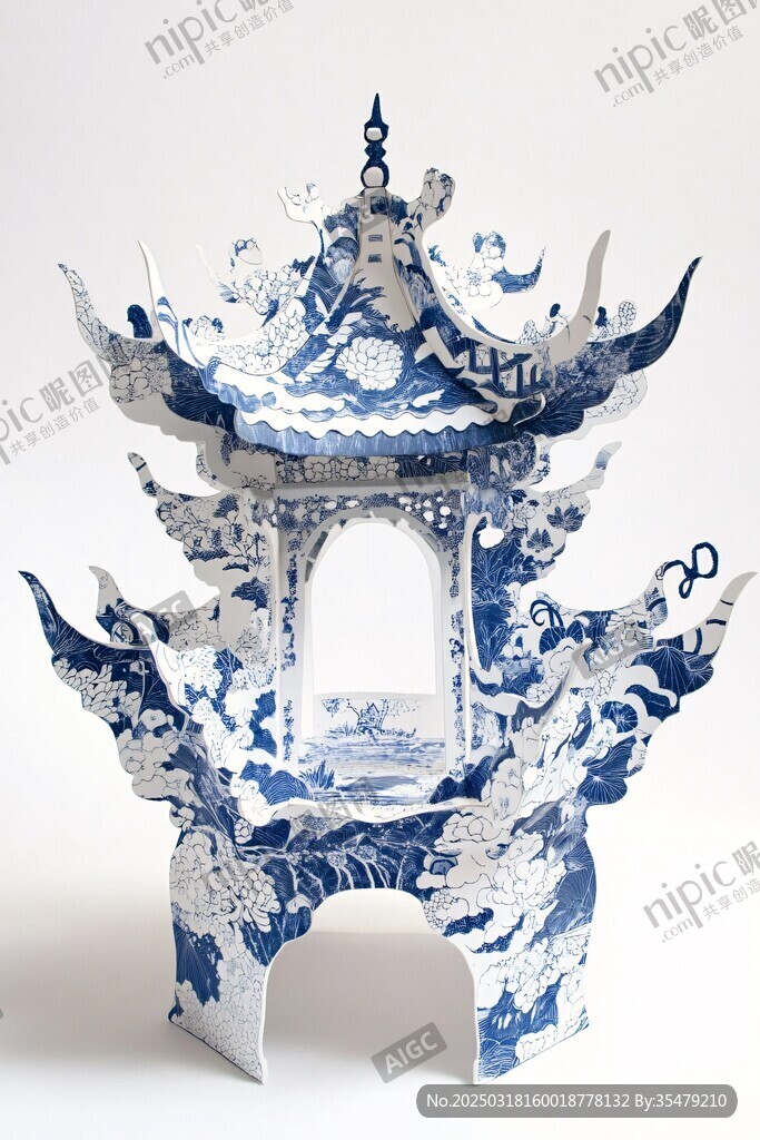 藍(lán)白相間的傳統(tǒng)中國建筑模型