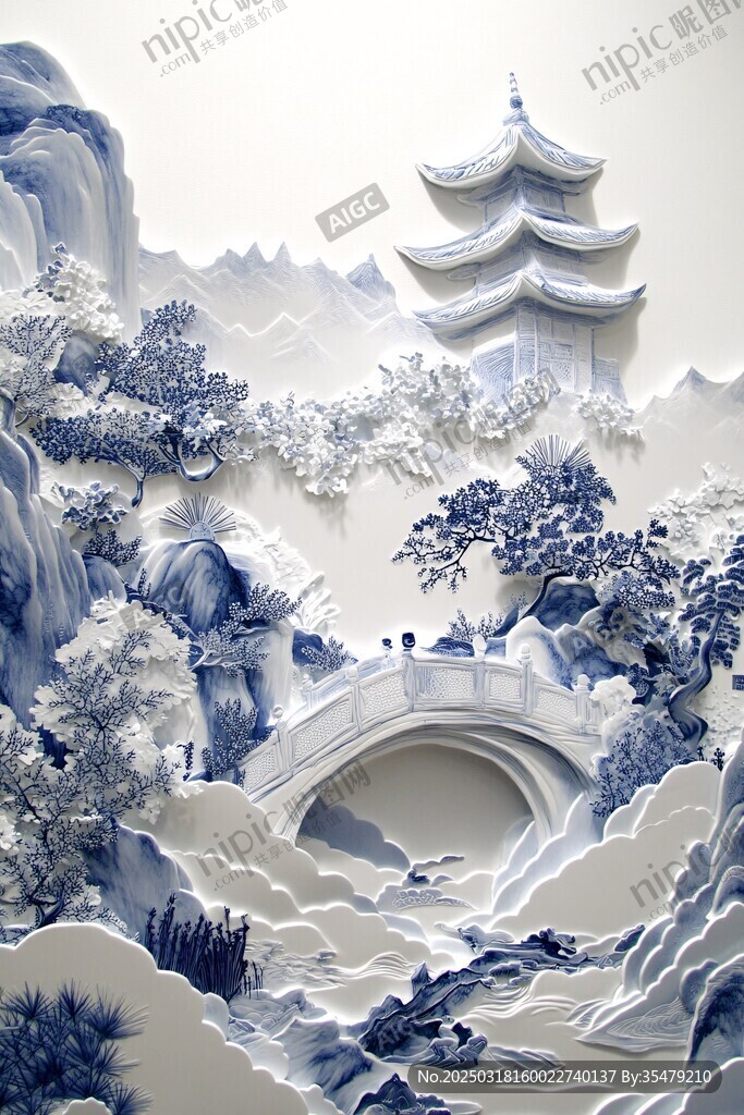 青花山水畫