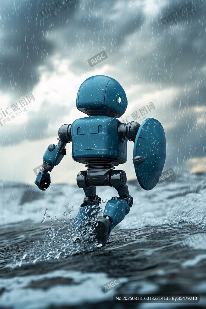 機器人在暴雨中前行