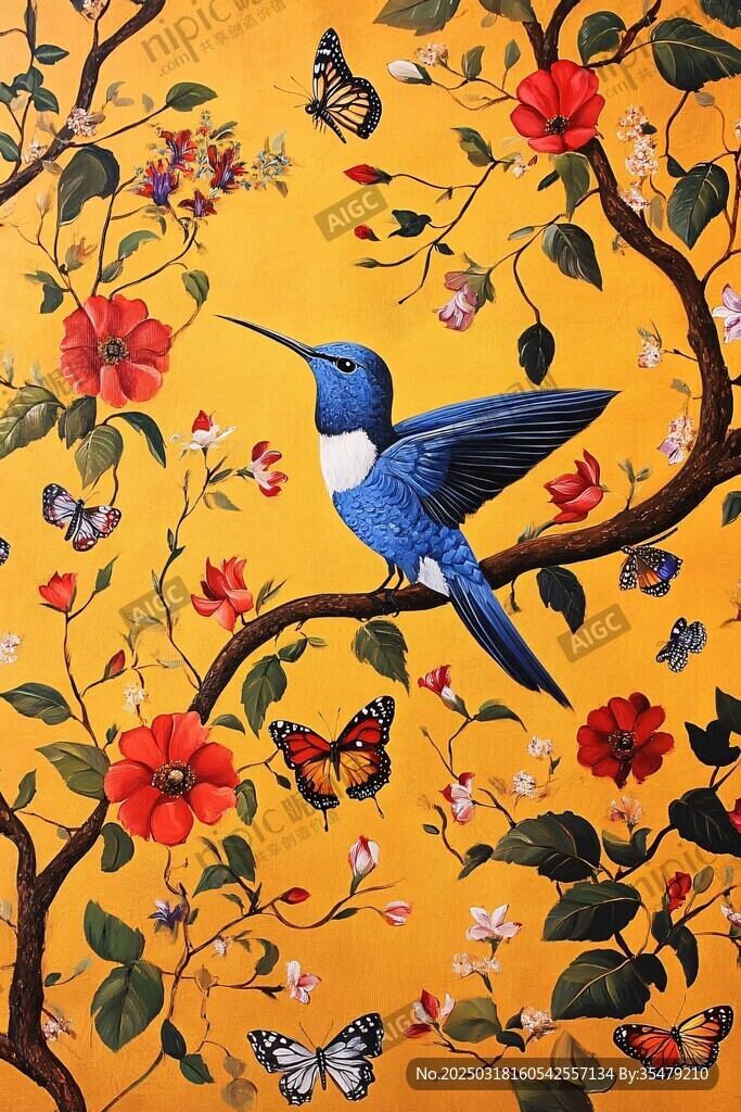 金色背景上的蜂鳥和蝴蝶