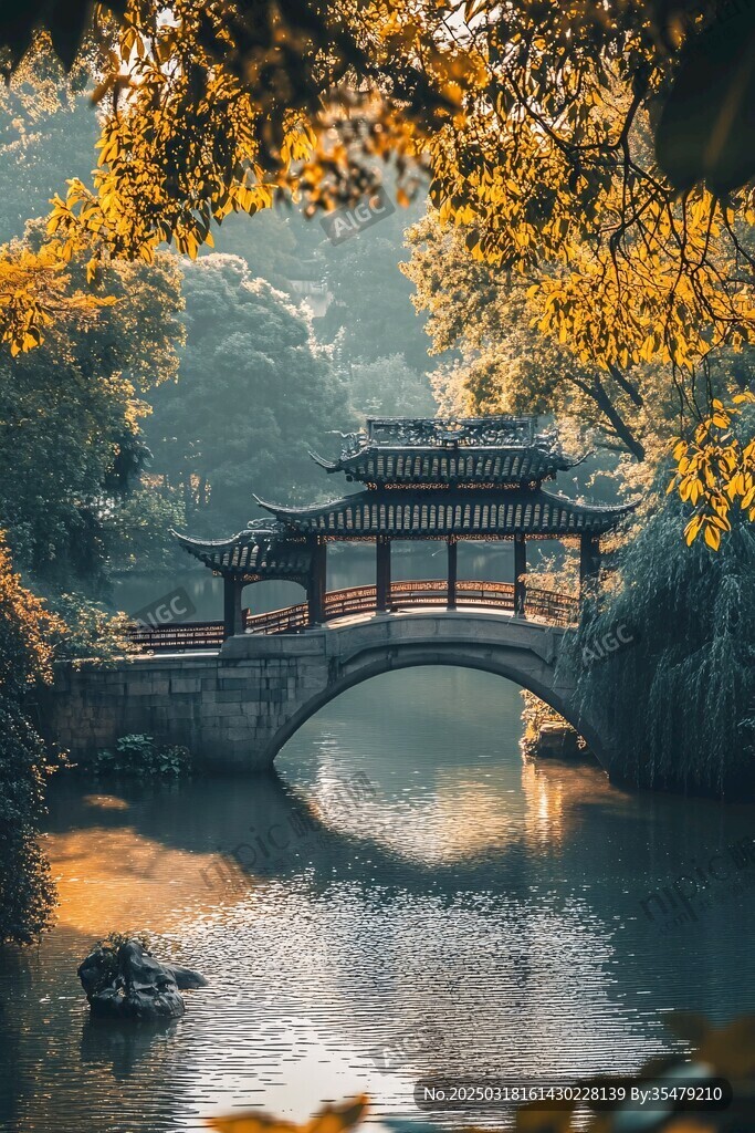 金秋時節(jié) 石橋橫跨碧波蕩漾的河流