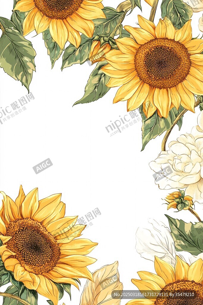 向日葵與白花的植物插畫(huà)