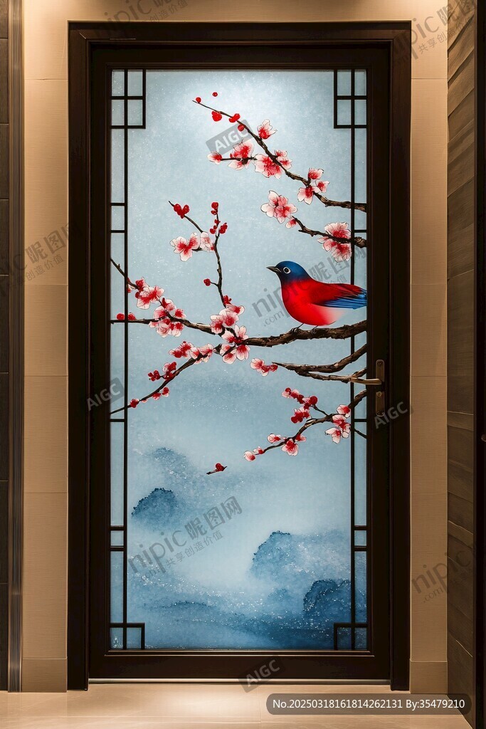 春鳥圖案玻璃門