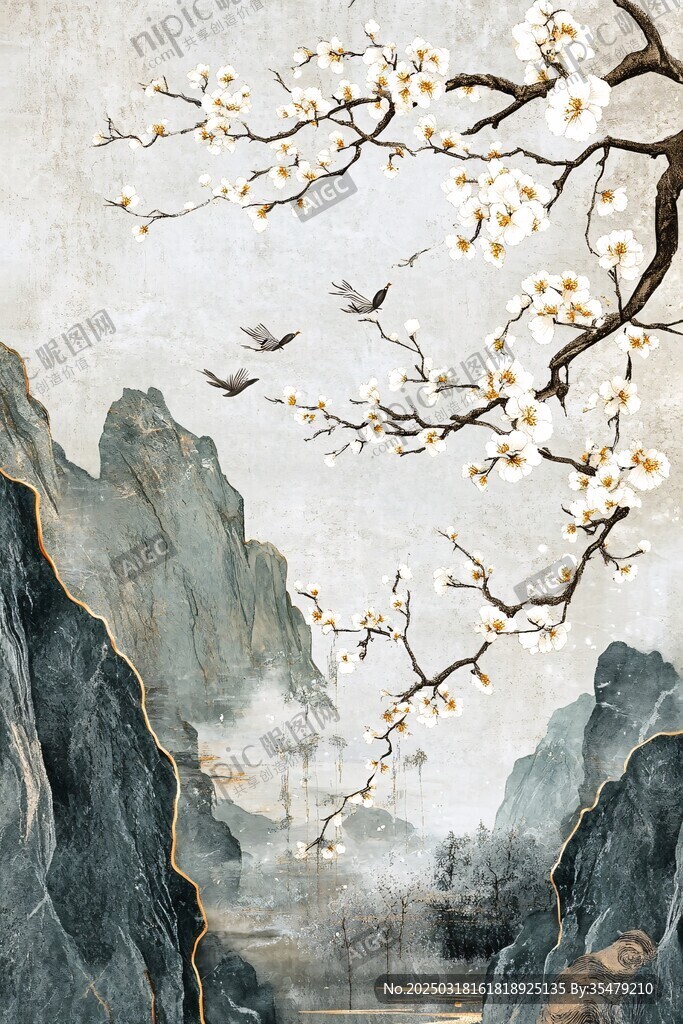 山水畫中的梅花與飛鳥
