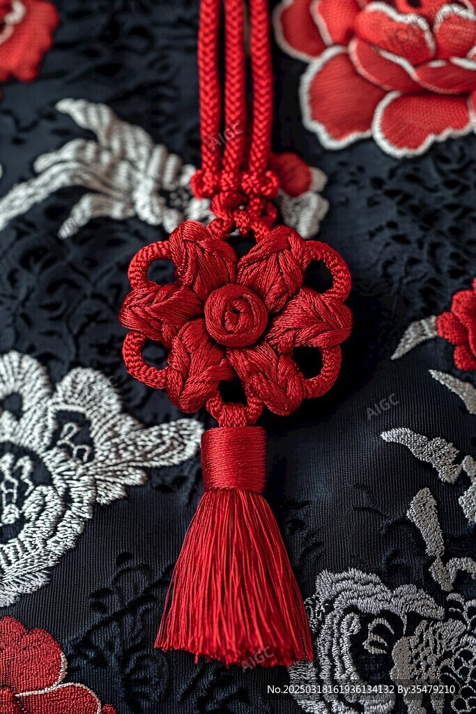 紅色中國結與刺繡花卉圖案