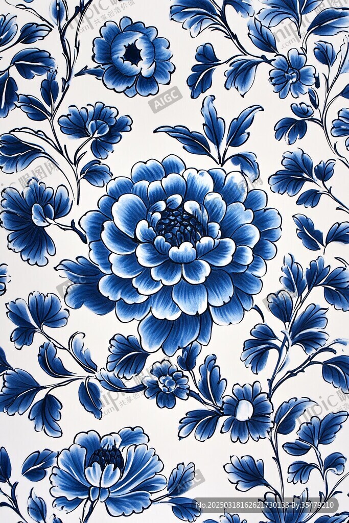 青花瓷風格的復古花卉圖案