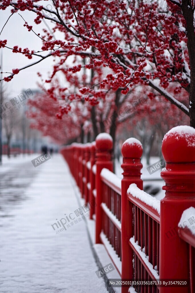 雪中紅欄桿