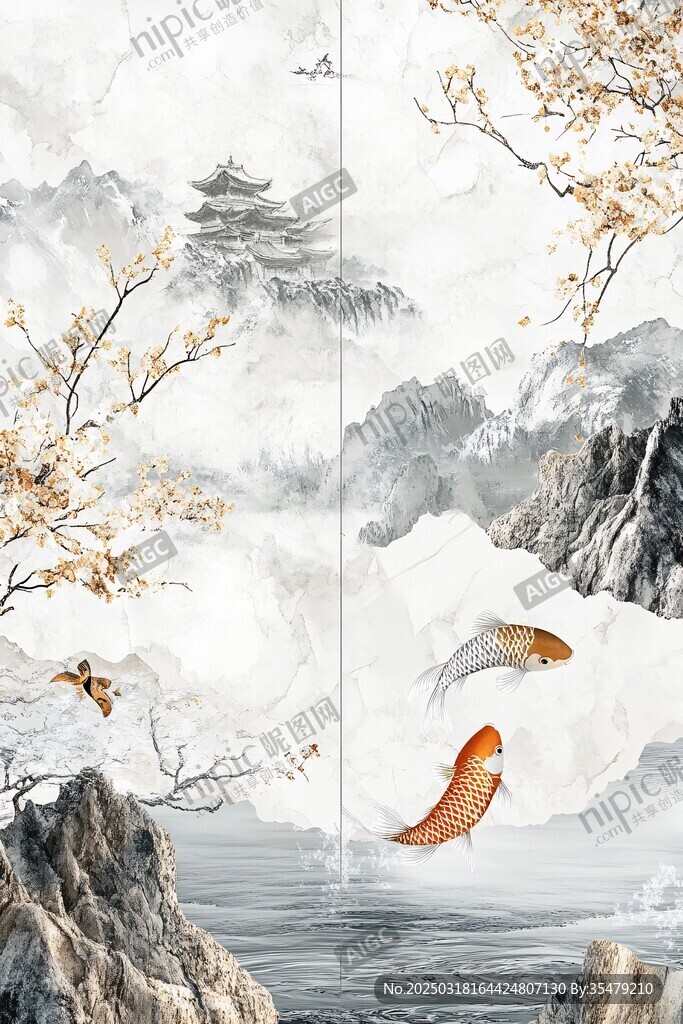 山水畫中的錦鯉和梅花