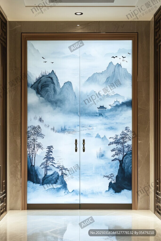 山水畫玻璃門
