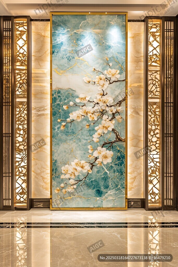 藍白花卉大理石藝術畫